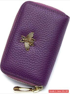 Genuine Leather RFID Card Holder Wallet with Zipper, 14 Slots